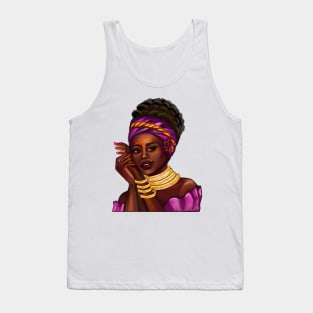 Afro Queen Black is beautiful anime manga black girl with Gold bangles, neck ring necklace, purple dress and head wrap, brown eyes and dark brown skin ! Tank Top
